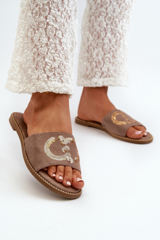 Flache Damenhausschuhe mit glänzenden Schuppen S.Barski KV27-052 in brauner Farbe Flache Damenhausschuhe mit glänzenden Schuppen S.Barski KV27-052 in brauner Farbe