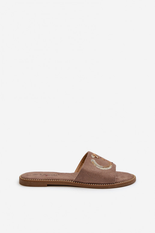 Flache Damenhausschuhe mit glänzenden Schuppen S.Barski KV27-052 in brauner Farbe Flache Damenhausschuhe mit glänzenden Schuppen S.Barski KV27-052 in brauner Farbe