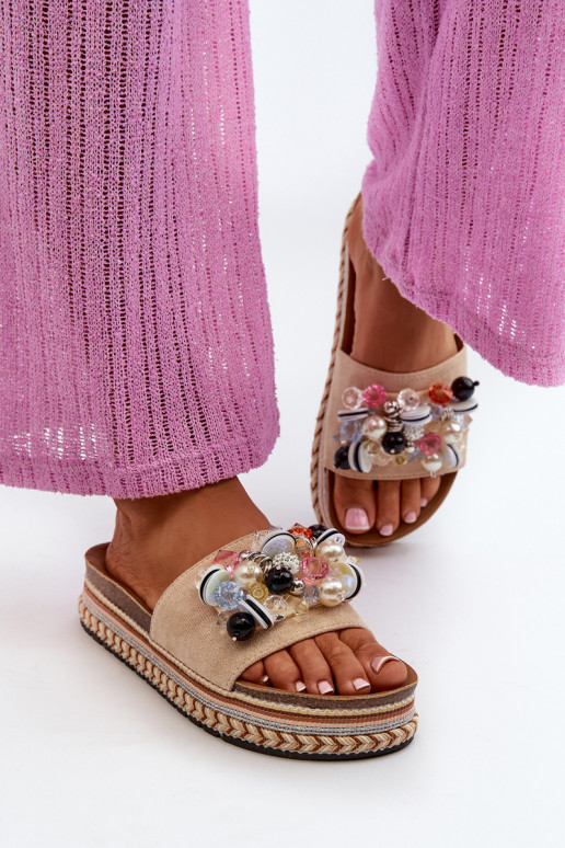 Damen-Flip-Flops mit Plateau und schönen Details S.Barski HY077 beige