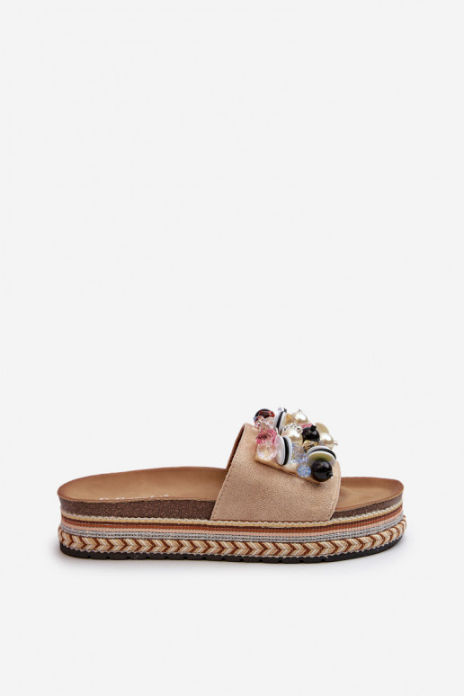 Damen-Flip-Flops mit Plateau und schönen Details S.Barski HY077 beige