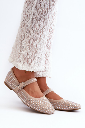 Sandfarbene Kunstwildleder Ballerinas, verziert mit Strass Tinara 2