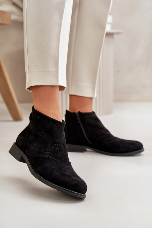 Damenstiefel mit breitem Absatz und durchbrochenen Elementen in schwarzer Farbe S.Barski HY42-076