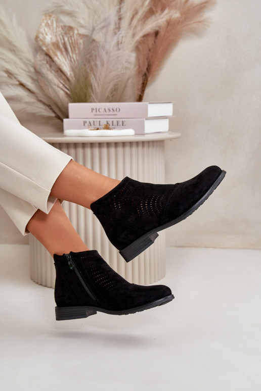 Damenstiefel mit breitem Absatz und durchbrochenen Elementen in schwarzer Farbe S.Barski HY42-076