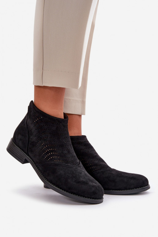 Damenstiefel mit breitem Absatz und durchbrochenen Elementen in schwarzer Farbe S.Barski HY42-076