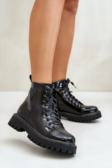 mit Lackeffekt Damenstiefel Zum Schloss Mit Dekorationen mit Herzenm schZuarze Farbe Obeena