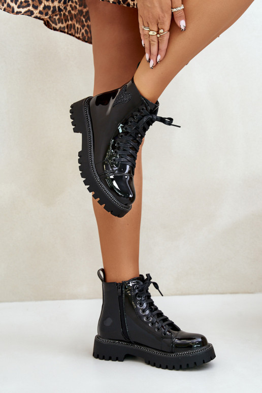 mit Lackeffekt Damenstiefel Zum Schloss Mit Dekorationen mit Herzenm schZuarze Farbe Obeena