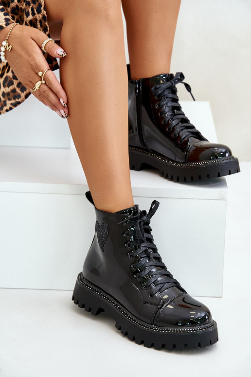 mit Lackeffekt Damenstiefel Zum Schloss Mit Dekorationen mit Herzenm schZuarze Farbe Obeena