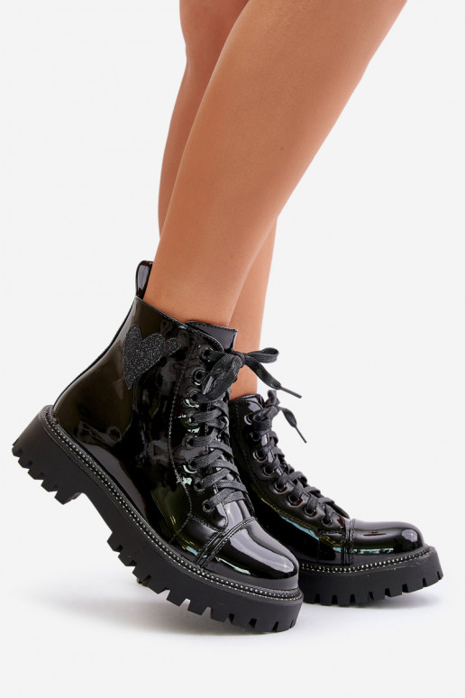 mit Lackeffekt Damenstiefel Zum Schloss Mit Dekorationen mit Herzenm schZuarze Farbe Obeena