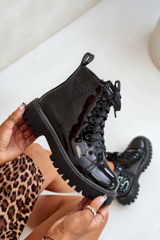 mit Lackeffekt Damenstiefel Zum Schloss Mit Dekorationen mit Herzenm schZuarze Farbe Obeena