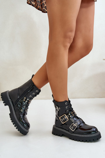 mit Lackeffekt Arbeitsstiefeletten mit Schnallen schZuarze Farbe Serizia 2