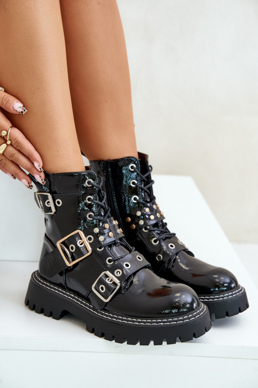 mit Lackeffekt Arbeitsstiefeletten mit Schnallen schZuarze Farbe Serizia