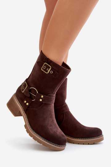 Damenstiefel Auf niedrigem Absatz mit Schnallen braune Farbe Zudra 2