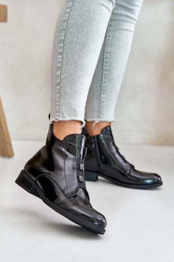 mit Lackeffekt Stiefel Zum Schloss sich Zuarm laufen mit breiten Absätzen S.Barski HY42-717 schZuarze Farbe 2