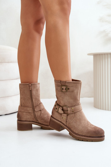 Damenstiefel Auf niedrigem Absatz mit Schnallen Beige Zudra