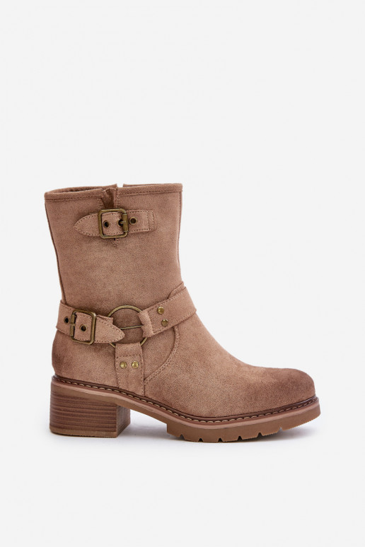 Damenstiefel Auf niedrigem Absatz mit Schnallen Beige Zudra