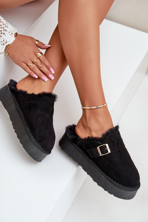 Hausschuhe Feminin Auf dicker Sohle mit Pelzmantel I mit Schnallen schZuarze Farbe Linneola Hausschuhe Feminin Auf dicker Sohle mit Pelzmantel I mit Schnallen schZuarze Farbe Linneola