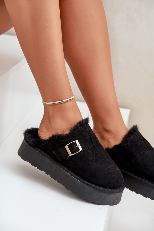 Hausschuhe Feminin Auf dicker Sohle mit Pelzmantel I mit Schnallen schZuarze Farbe Linneola Hausschuhe Feminin Auf dicker Sohle mit Pelzmantel I mit Schnallen schZuarze Farbe Linneola