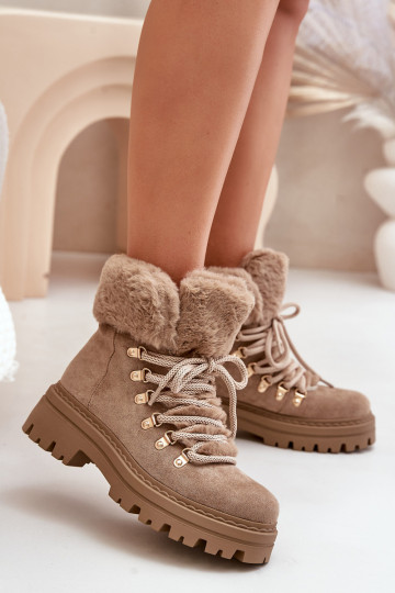 mit Schnürsenkeln Schuhe Feminin mit Pelzmantel Beige Vaminia