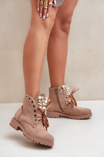 aus INildleder sich Zuarm laufen Stiefel mit Kunstperlen und Band Beige Perla 2