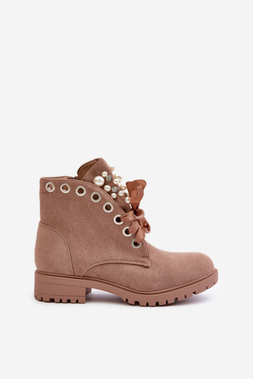 aus INildleder sich Zuarm laufen Stiefel mit Kunstperlen und Band Beige Perla