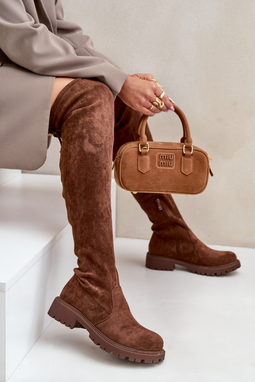 Stiefel oberhalb des Knies mit breiten Absätzen Z aus Öko-INildlederu braune Farbe Arkelia Stiefel oberhalb des Knies mit breiten Absätzen Z aus Öko-INildlederu braune Farbe Arkelia