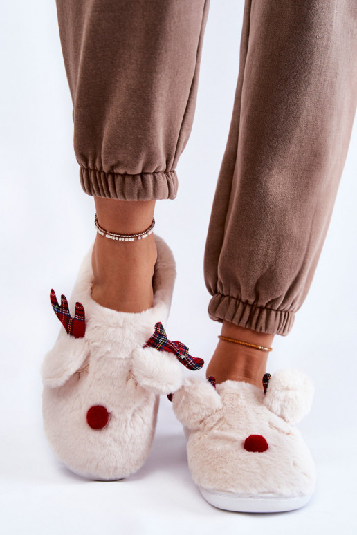 Damen-Hausschuhe Christmas mit Fell und Rentieren in Creme Clarie