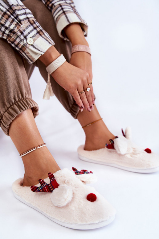 Damen-Hausschuhe Christmas mit Fell und Rentieren in Creme Clarie