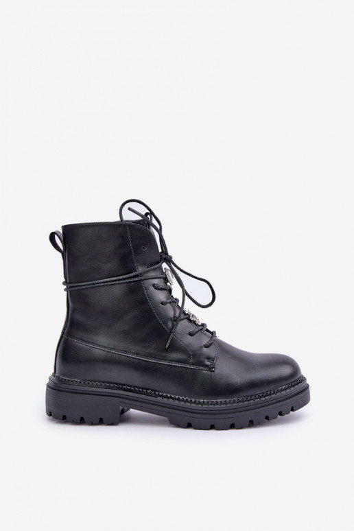 Wärmende Ankle Boots mit Schnallen und Schnürsenkeln in Schwarz Irivina