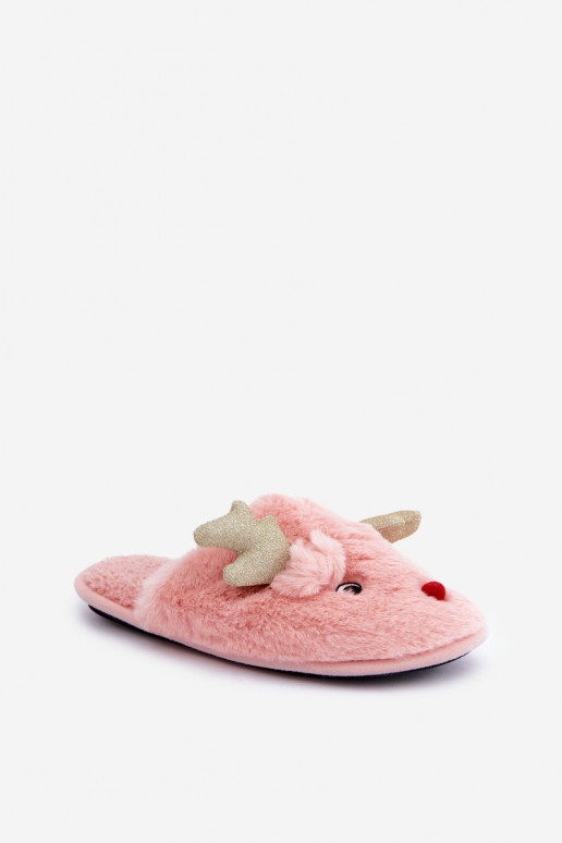 Weihnachtsschlappen mit Rentier-Motiv und Fellbesatz in rosa Ausführung von Asielle