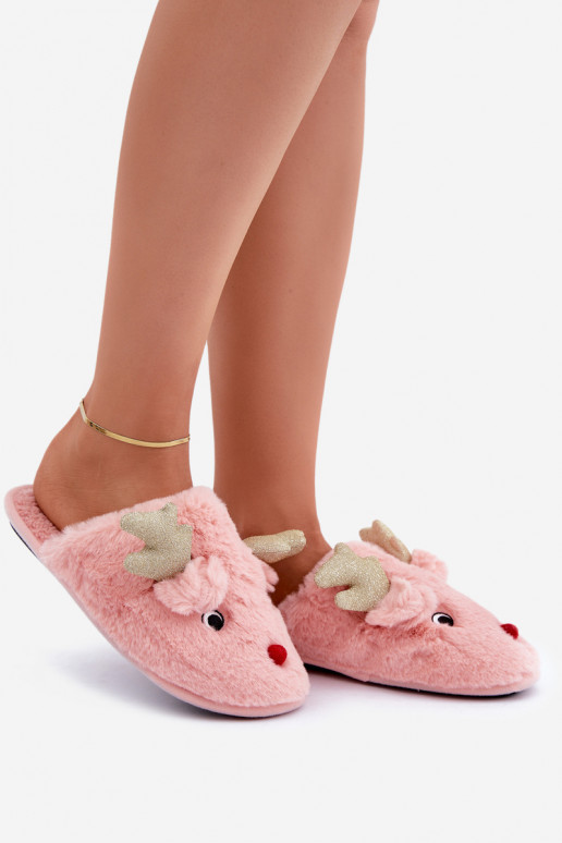 Weihnachtsschlappen mit Rentier-Motiv und Fellbesatz in rosa Ausführung von Asielle