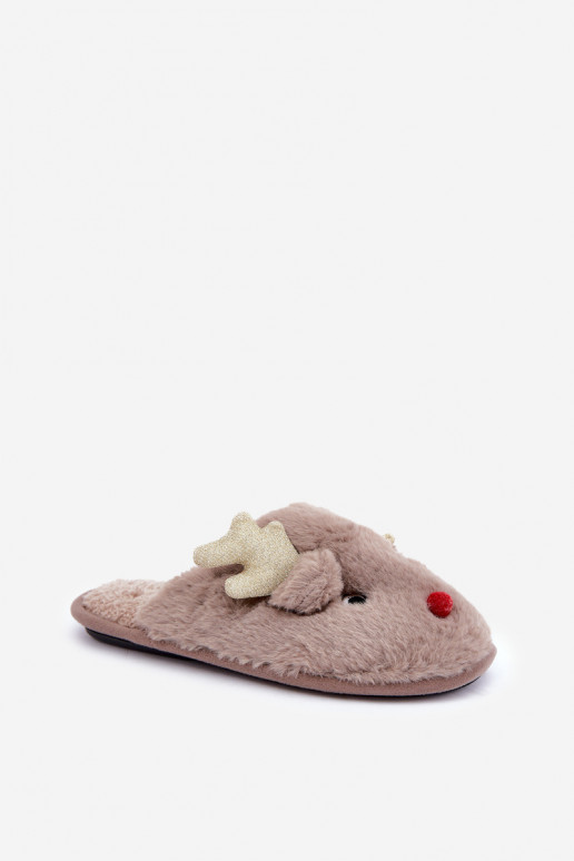 Weihnachtsschlappen mit Rentier-Motiv und Fellbesatz in sandfarbener Ausführung von Asielle