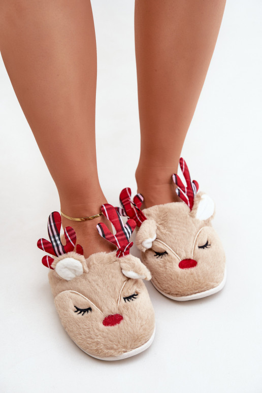 Weihnachtsschlappen mit Rentier-Motiv in sandfarbener Ausführung von Sylaia