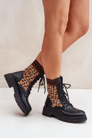 Arbeitsstiefeletten Feminin mit sockenartiger Innensohle mit Leopardenfellmuster schZuarze Farbe Penthis