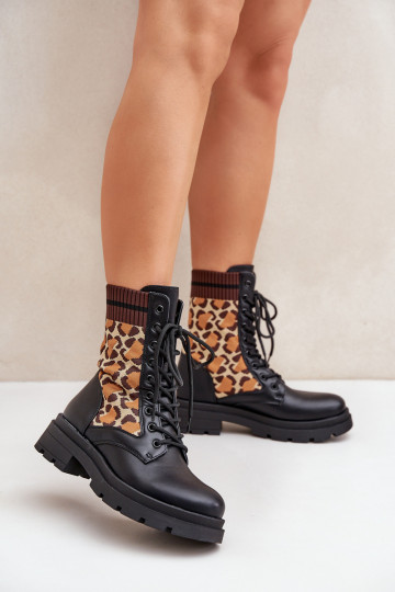 Arbeitsstiefeletten Feminin mit sockenartiger Innensohle mit Leopardenfellmuster schZuarze Farbe Penthis 2