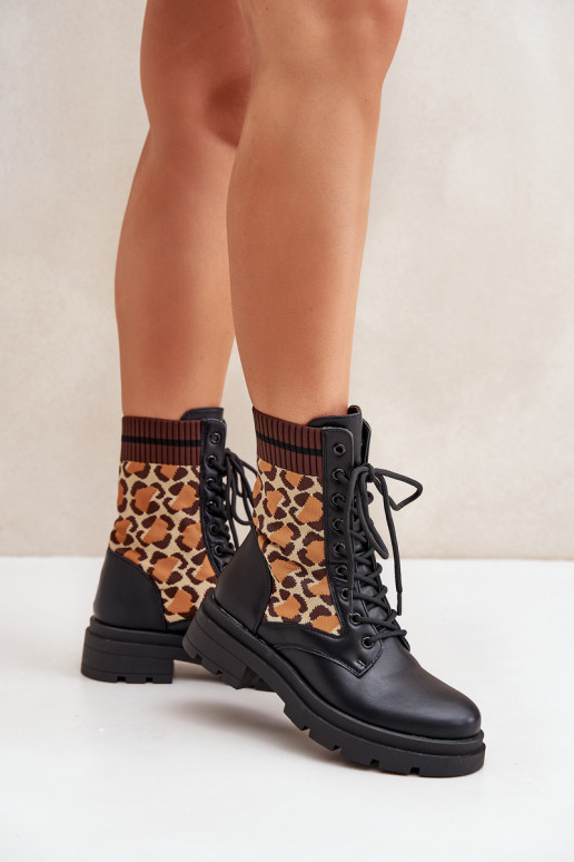 Arbeitsknöchelstiefel für Damen mit Sockenartigem Schaft und Leopardenmuster in Schwarz Penthis