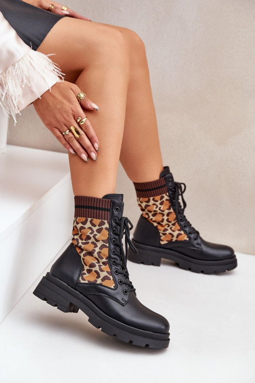 Arbeitsknöchelstiefel für Damen mit Sockenartigem Schaft und Leopardenmuster in Schwarz Penthis