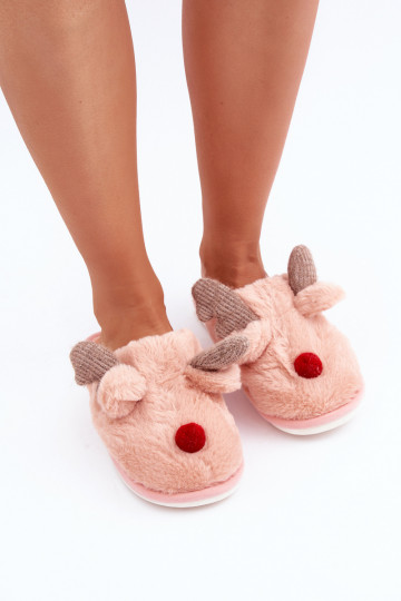 Hausschuhe für Damen mit Fell und Rentiermotiv in Rosa Sennalith