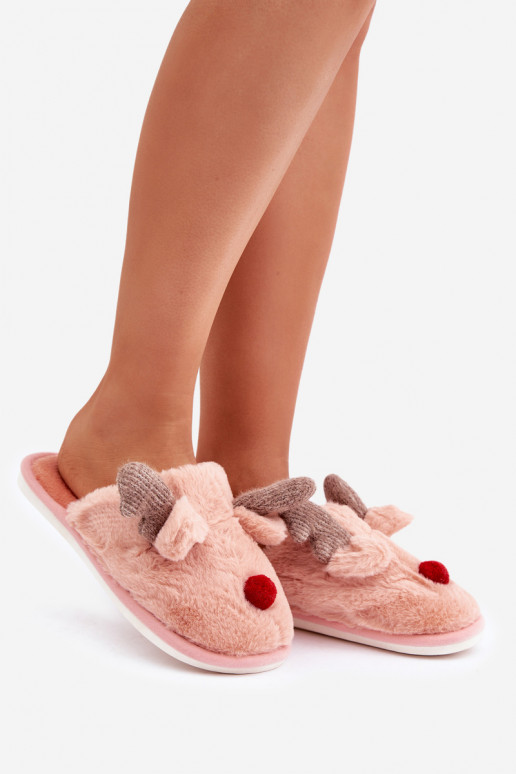 Hausschuhe für Damen mit Fell und Rentiermotiv in Rosa Sennalith