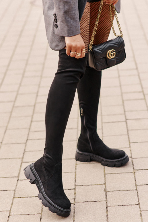 Damen kniehohe Stiefel aus schwarzem... Damen kniehohe Stiefel aus schwarzem...