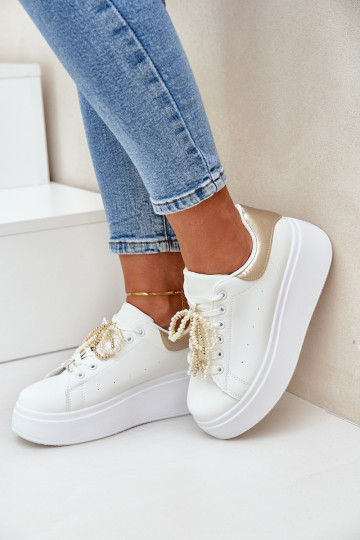 Sneakers Stilvollllschuhe Feminin mit einer Plattform mit schönen Details INeiß-goldene Farbe Lerissna 2