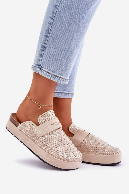 Damenhausschuhe Dekoriert Cyrkoniami mit einer Plattform Beige Deorani Damenhausschuhe Dekoriert Cyrkoniami mit einer Plattform Beige Deorani