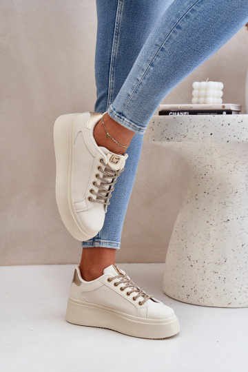 Sneakers Stilvollllschuhe mit einer Plattform Mit Dekorationeni SznuróZukami Beige Fonetha