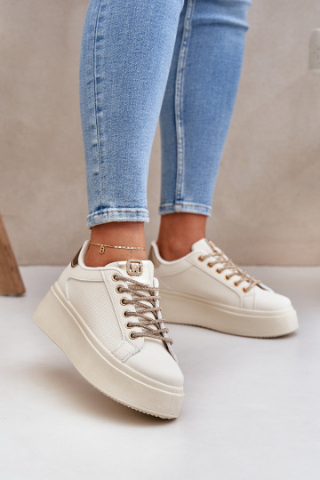 Sneakers Stilvollllschuhe mit einer Plattform Mit Dekorationeni SznuróZukami Beige Fonetha 2