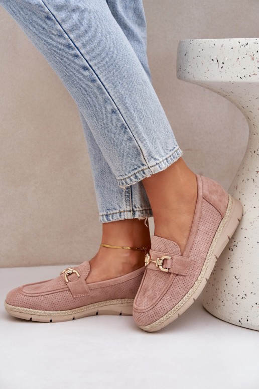 mit durchbrochenen Elementen Mokassins Ze goldene Farbem Detalem I JutoZuą Plecionką pinke Farbe Lainer