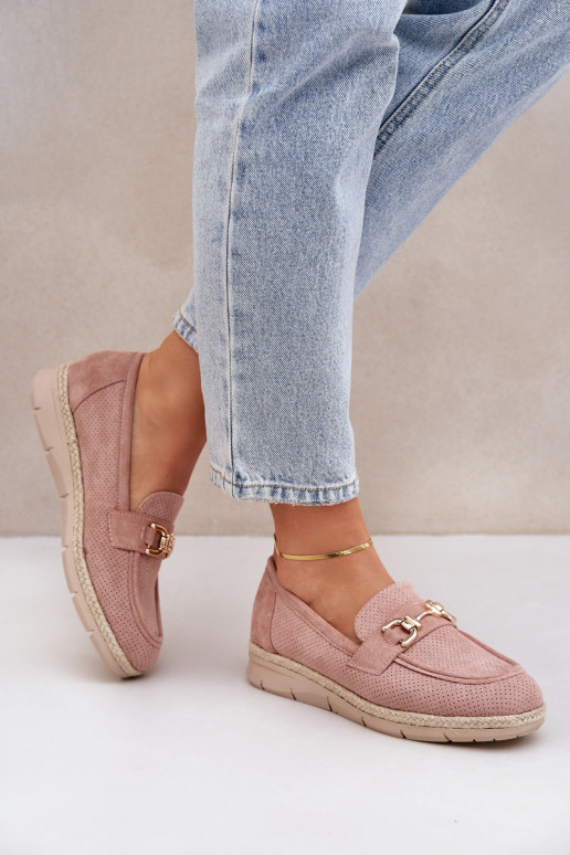 mit durchbrochenen Elementen Mokassins Ze goldene Farbem Detalem I JutoZuą Plecionką pinke Farbe Lainer