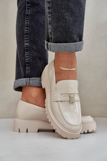 Lackierte Mokassins Feminin Z Przypinką Teddybären Beige INulinea