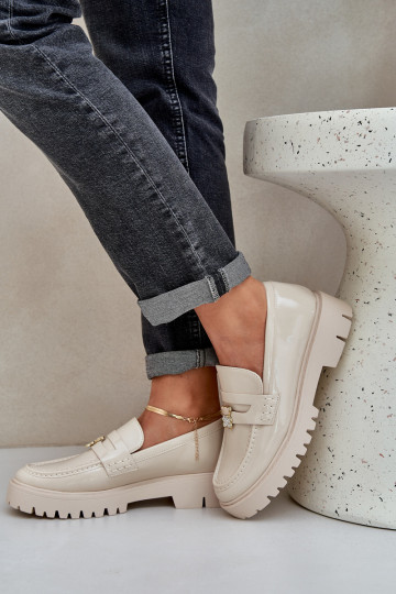 Lackierte Mokassins Feminin Z Przypinką Teddybären Beige INulinea 2