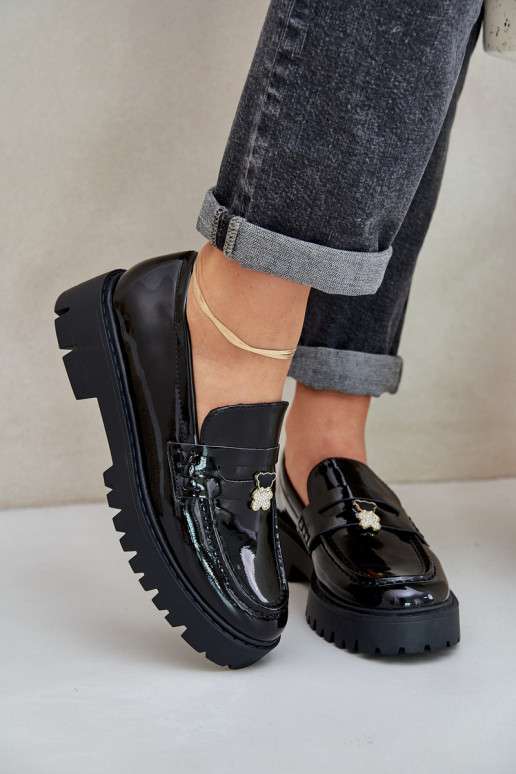 Lackierte Mokassins Feminin Z Przypinką Teddybären schZuarze Farbe INulinea Lackierte Mokassins Feminin Z Przypinką Teddybären schZuarze Farbe INulinea