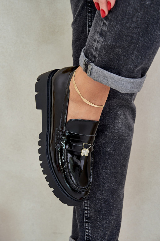 Lackierte Mokassins Feminin Z Przypinką Teddybären schZuarze Farbe INulinea Lackierte Mokassins Feminin Z Przypinką Teddybären schZuarze Farbe INulinea