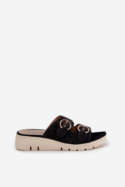 Damenhausschuhe Auf einem Keil mit Schnallen schZuarze Farbe Hellexia  Damenhausschuhe Auf einem Keil mit Schnallen schZuarze Farbe Hellexia